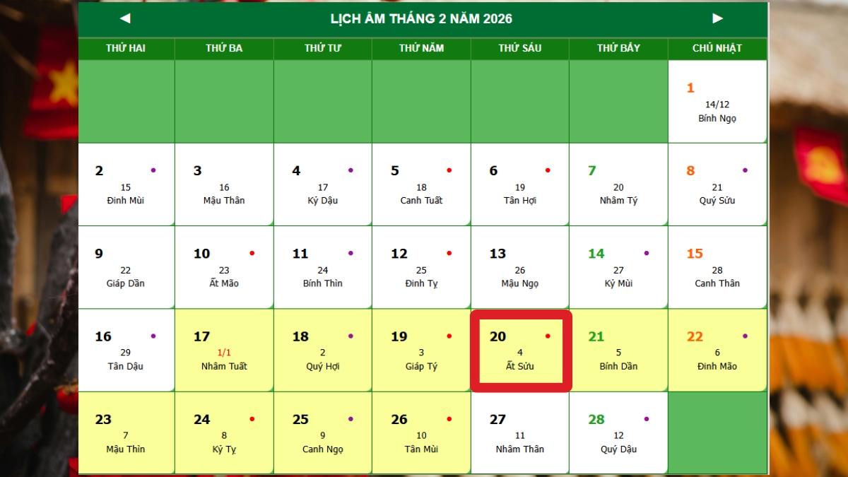 Ngày mùng 4 Tết là ngày mấy dương lịch năm 2026