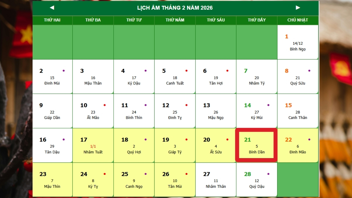 Mùng 5 Tết là ngày mấy dương lịch 2026?