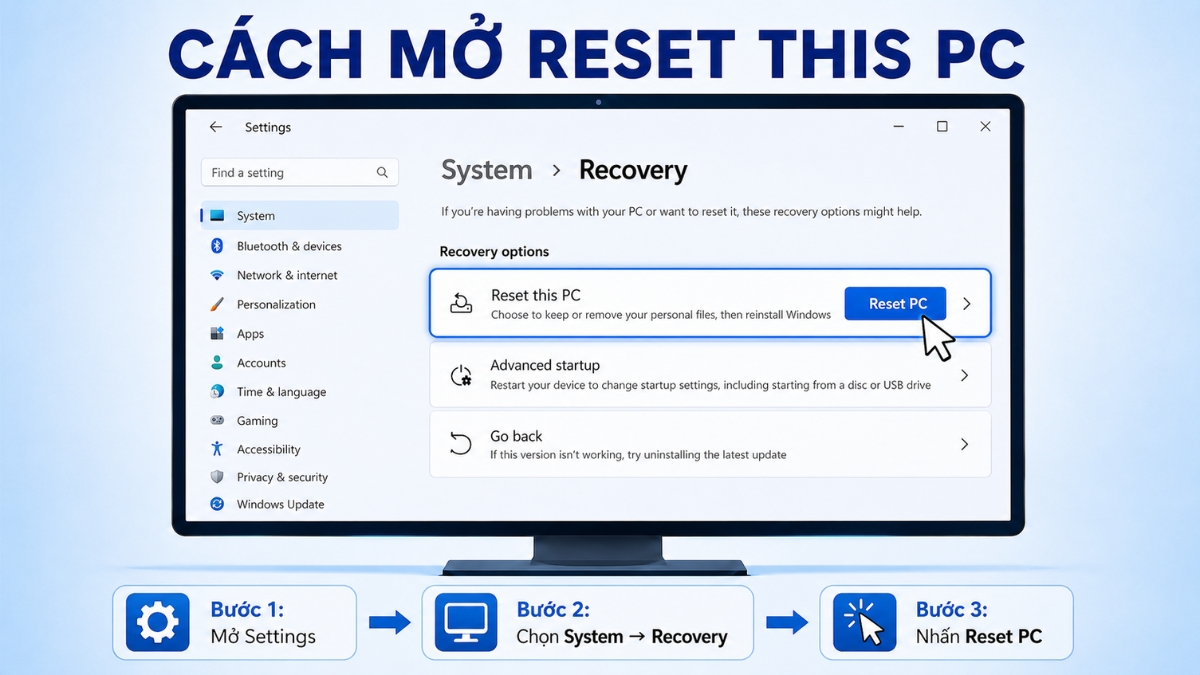 Reset máy tính là sử dụng tính năng Reset this PC để cài đặt lại Windows và đưa các thiết lập hệ thống về mặc định