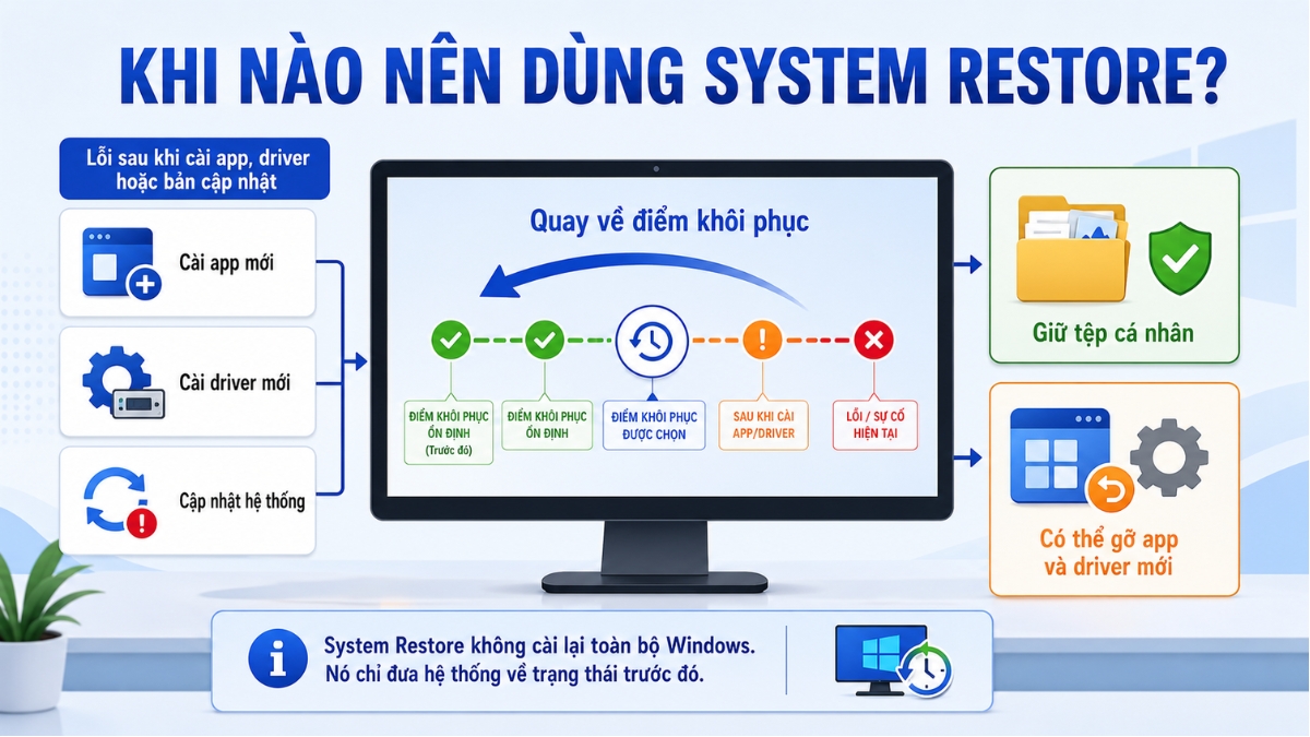dùng System Restore thay vì reset máy tính khi máy bắt đầu gặp lỗi sau khi cài ứng dụng, driver, bản cập nhật hoặc thay đổi thiết lập hệ thống
