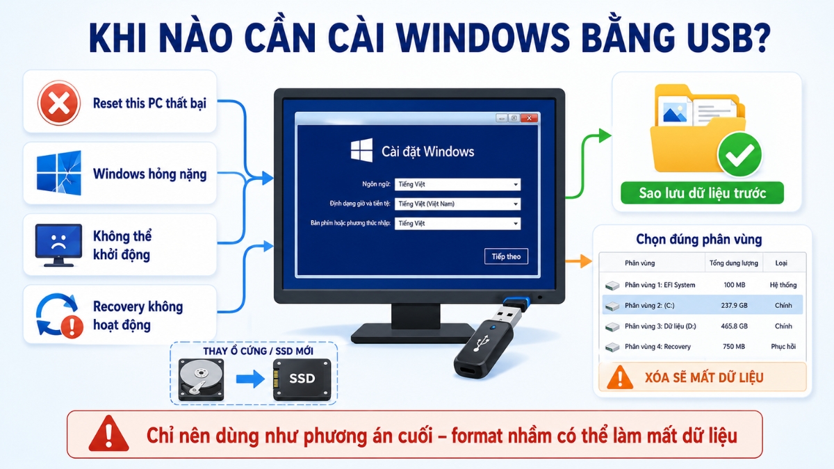Cài lại Windows bằng USB nên là phương án cuối khi Reset this PC bị lỗi hoặc không thể hoàn tất