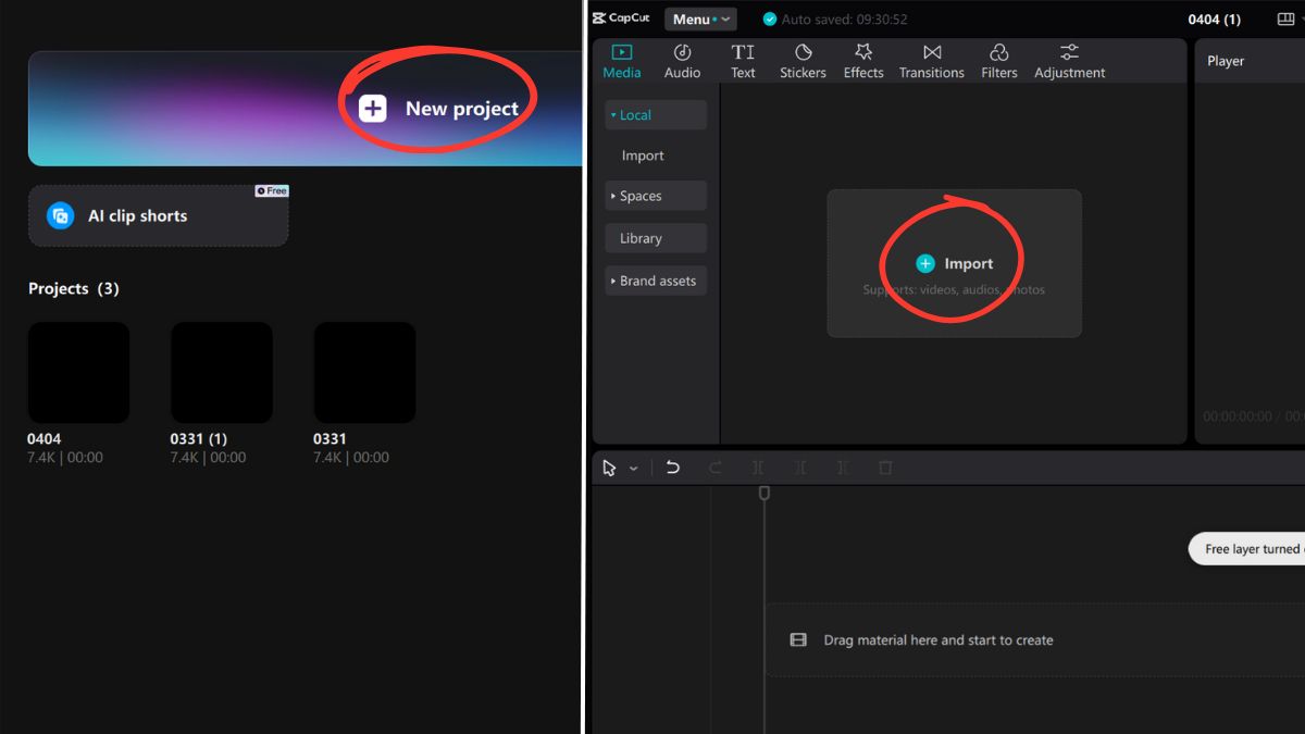 Chọn “New project” và “Import” để thêm video vào Capcut