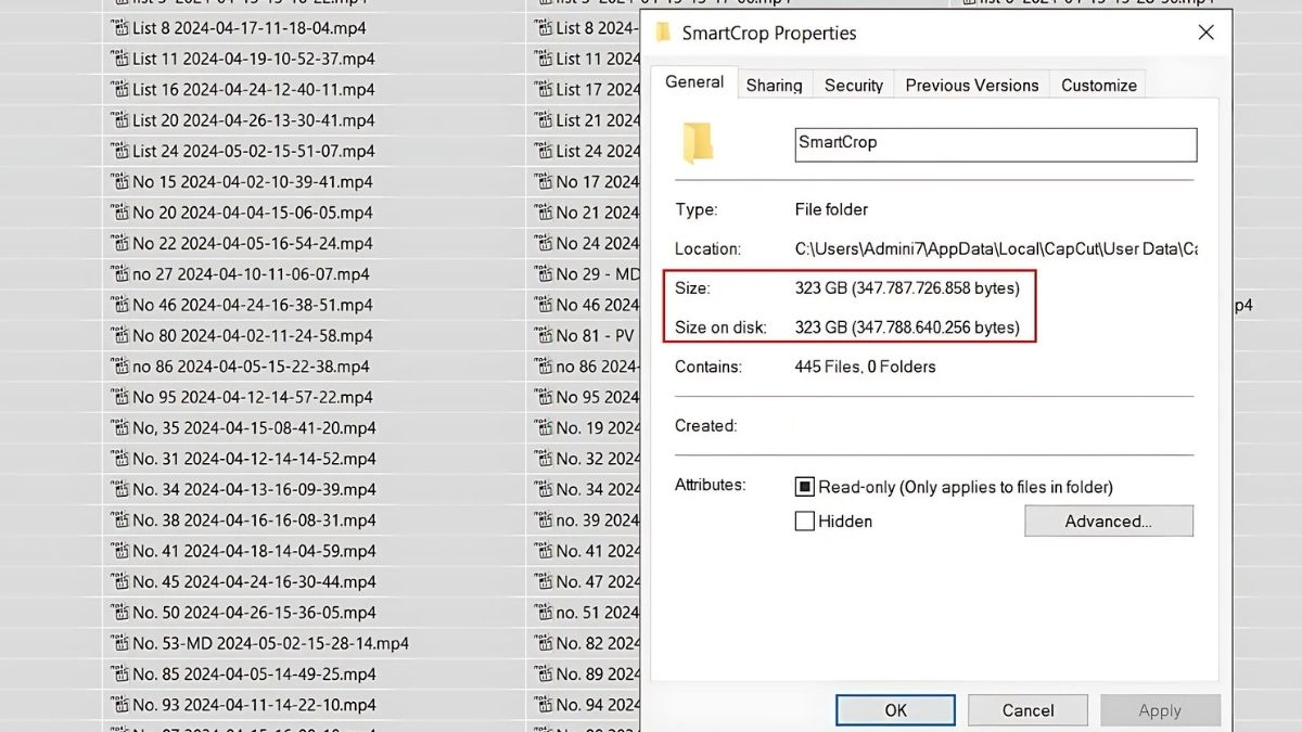 Dung lượng CapCut đang chiếm trên PC
