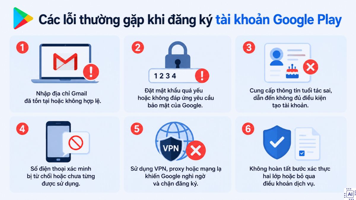 Các lỗi thường gặp khi đăng ký tài khoản Google Play