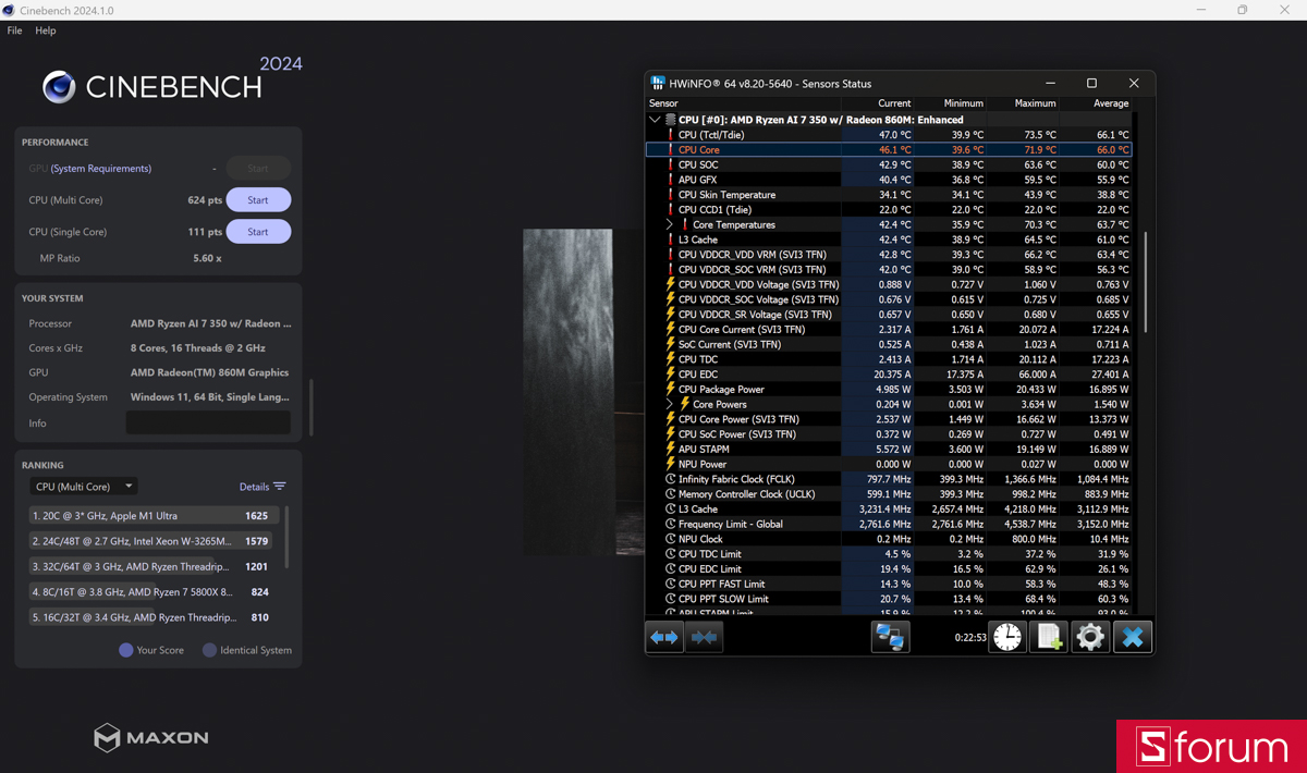 Điểm test hiệu năng trên Cinebench R24 trên ASUS Zenbook S 16 UM5606KA