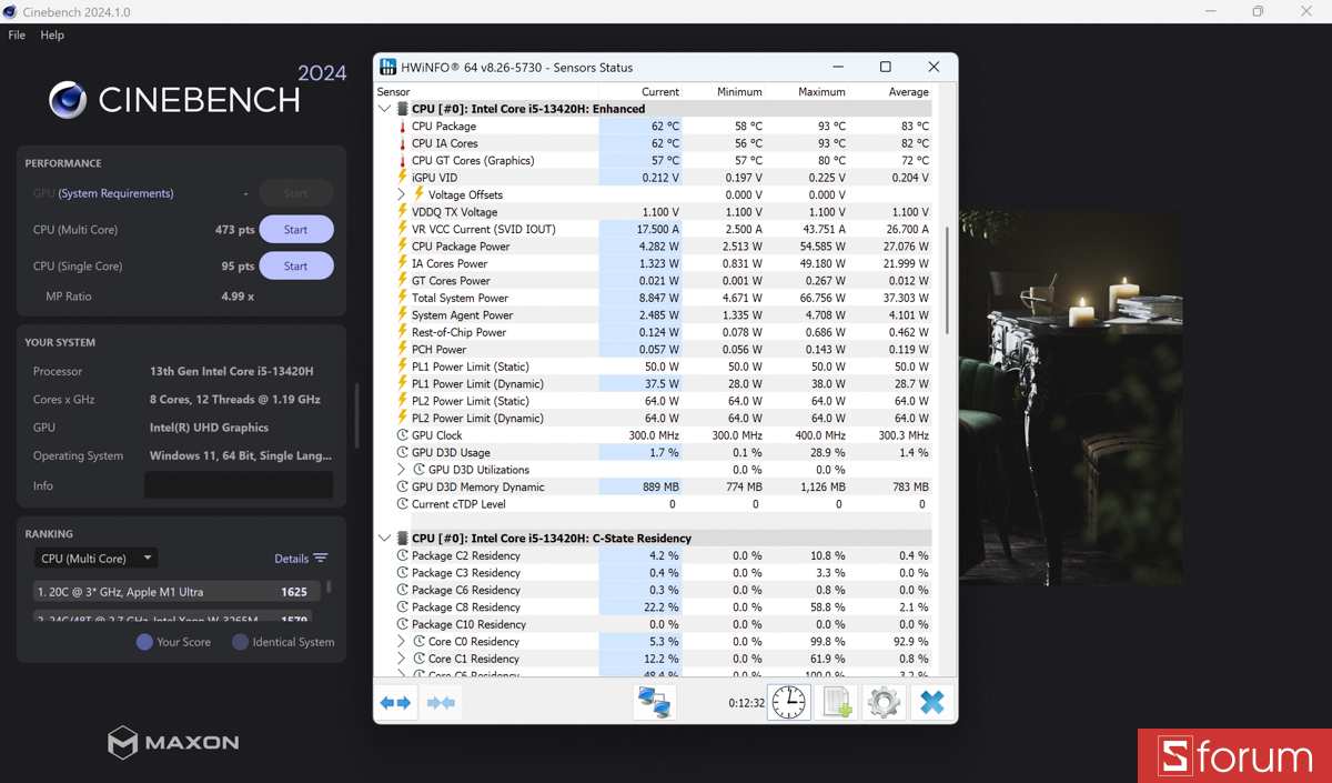 Với Cinebench 2024, máy đạt khoảng 473 điểm đa nhân và 95 điểm đơn nhân