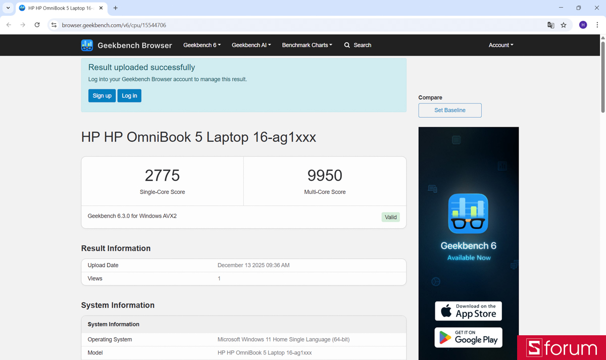 Geekbench 6, máy đạt 2.775 điểm đơn nhân và 9.950 điểm đa nhân