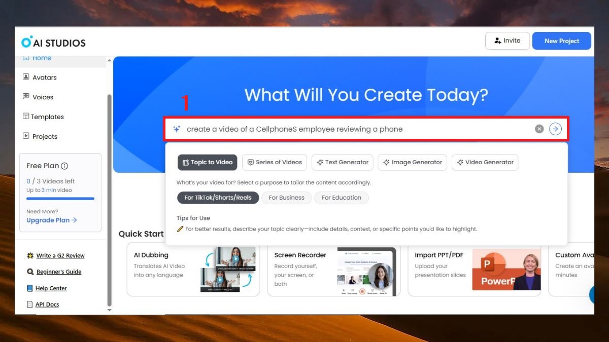 cách sử dụng DeepBrain AI sáng tạo video từ văn bản bước 1