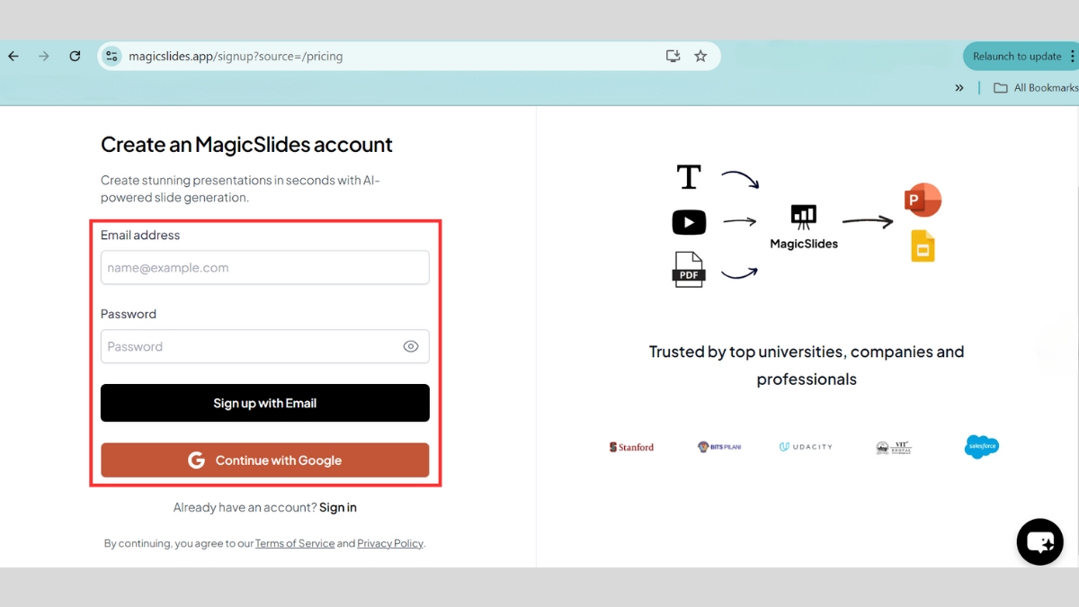 Cách đăng ký tài khoản MagicSlides đơn giản bước 2