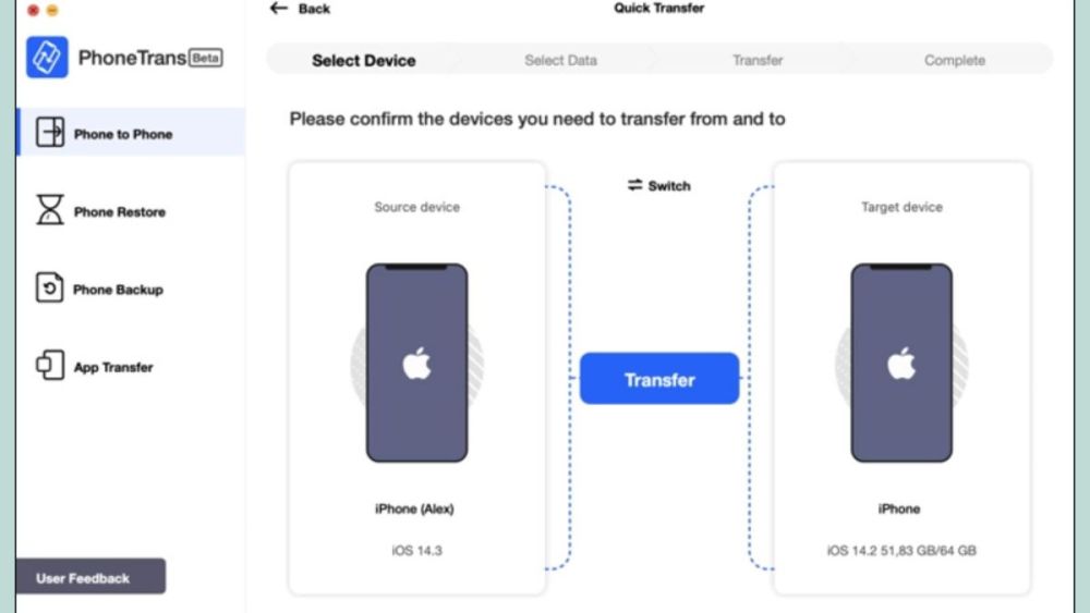 Dùng PhoneTrans – Phone to Phone Transfer bước 2