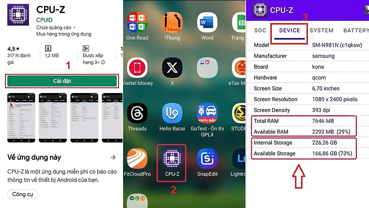 cách xem dung lượng Samsung đơn giản trong cpu-z