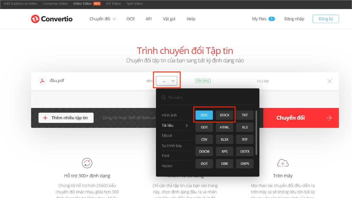 Chuyển PDF sang Word miễn phí bằng Convertio bước 2