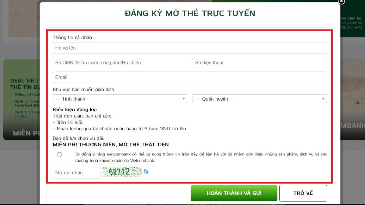Cách làm thẻ VISA Vietcombank online bước 3