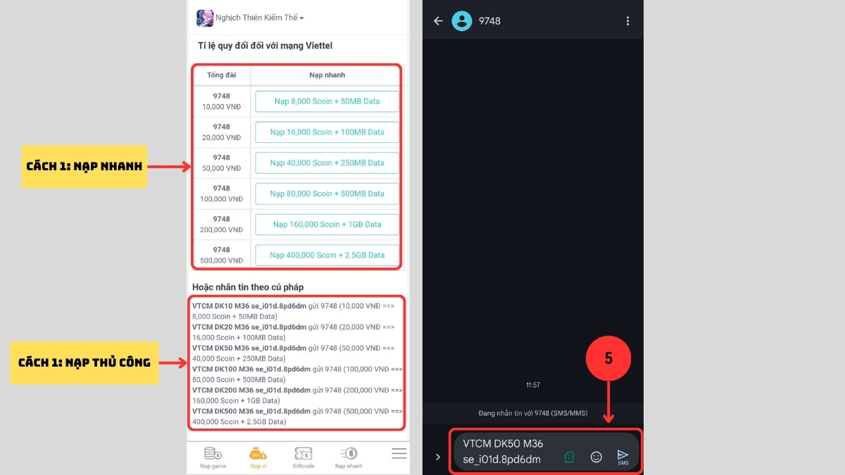 Hướng dẫn nạp Scoin bằng SMS bước 5