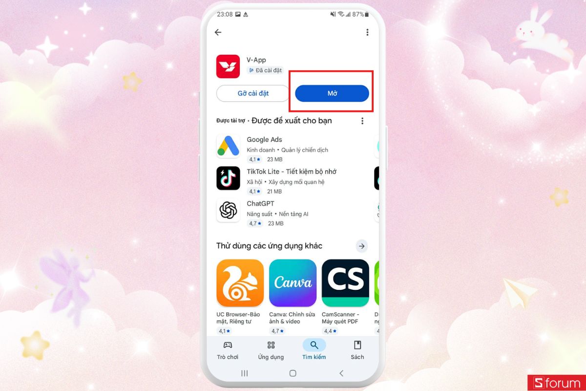 mở ứng dụng v app