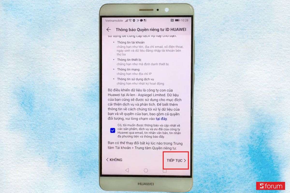 đăng ký ID Huawei và đồng ý điều khoản
