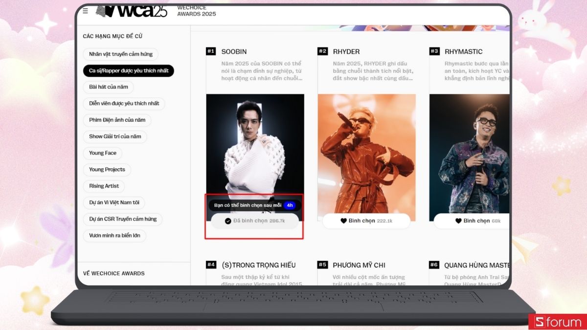 nhấn nút bình chọn cho hạng mục yêu thích