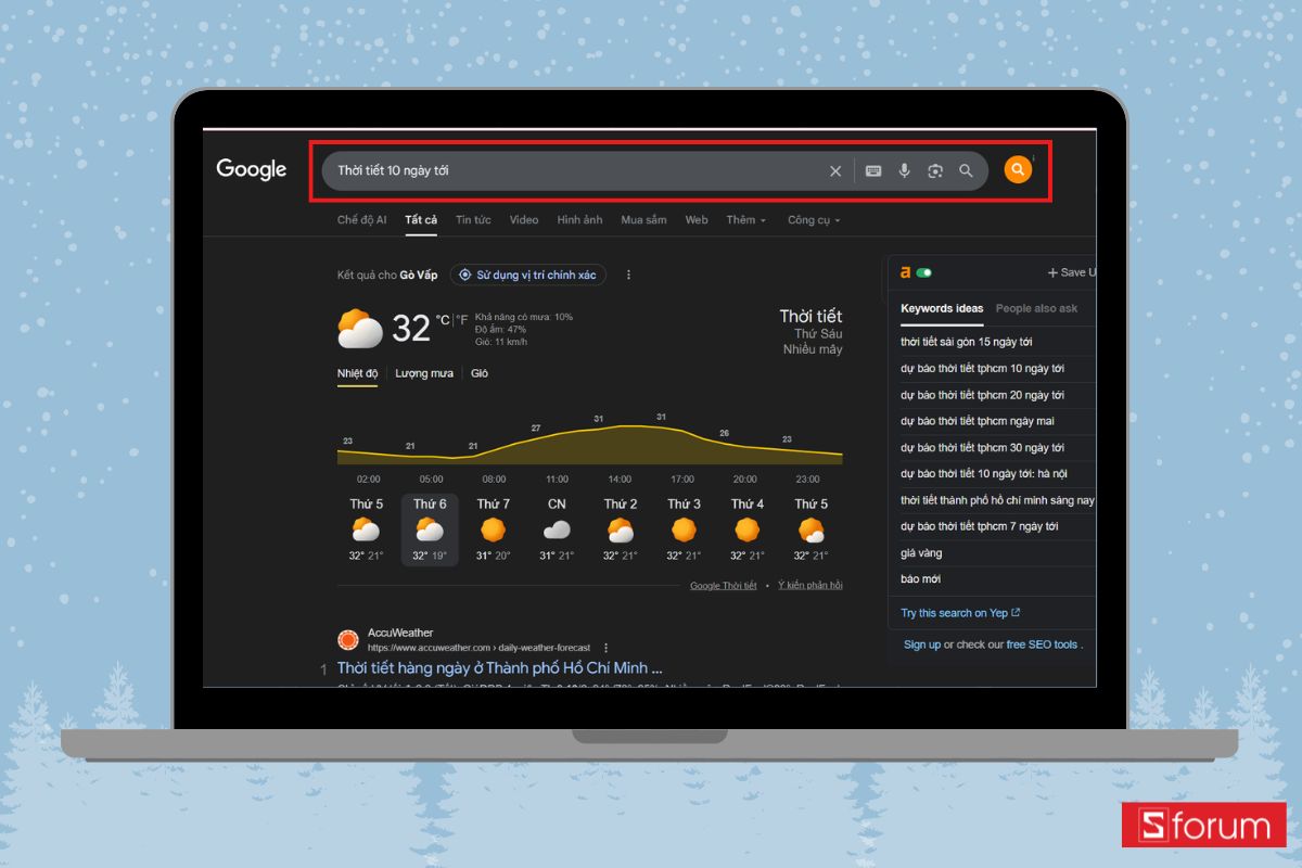 Hiển thị thời tiết đầu trang