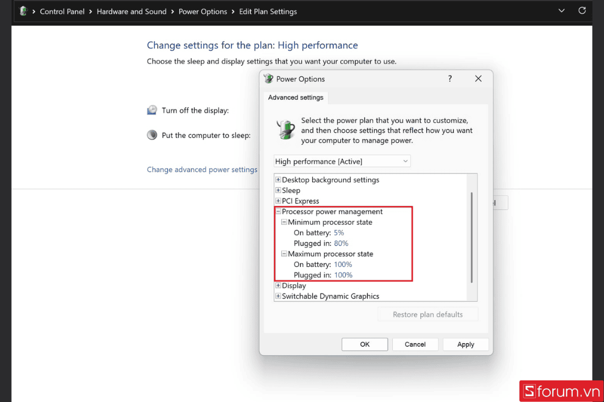 Thiết lập Minimum processor state và Maximum processor state mức 100%