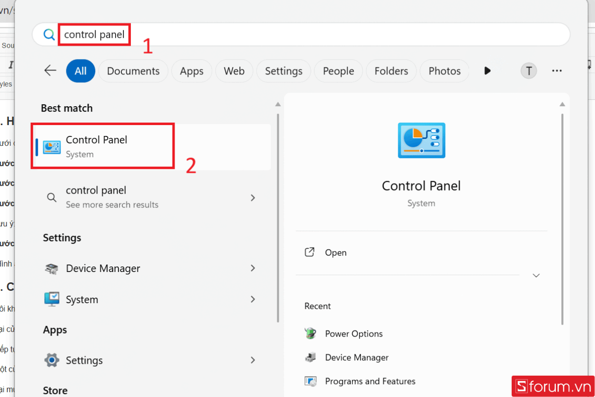 Gõ Control Panel để mở bảng điều khiển