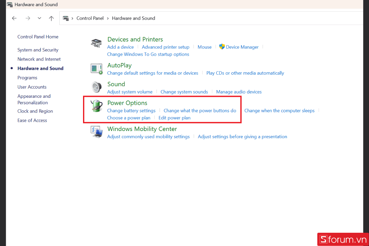 Chọn Power Options