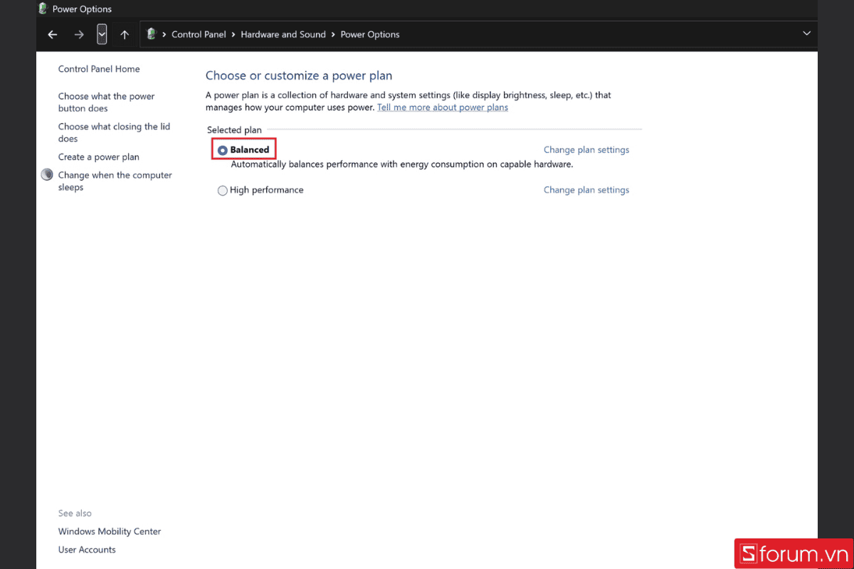 Chọn Balanced để tắt