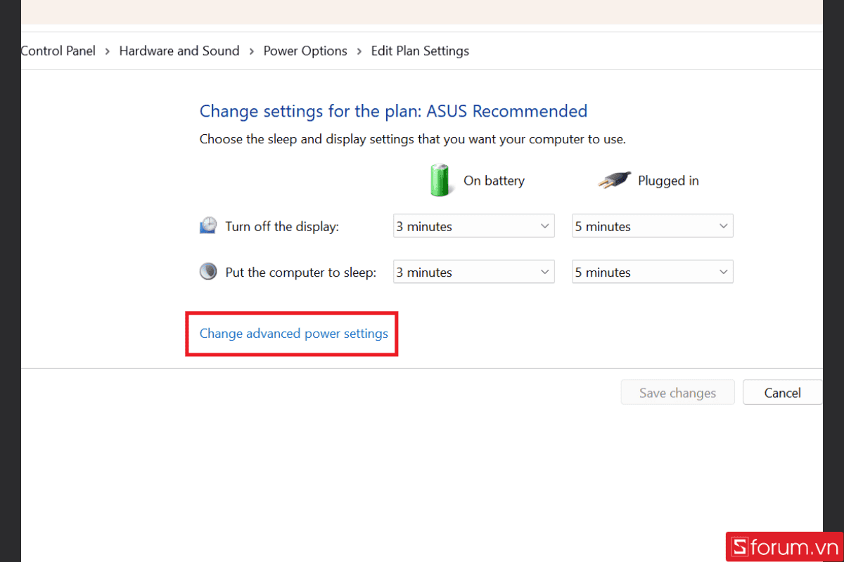 Tích chọn Change advanced power settings