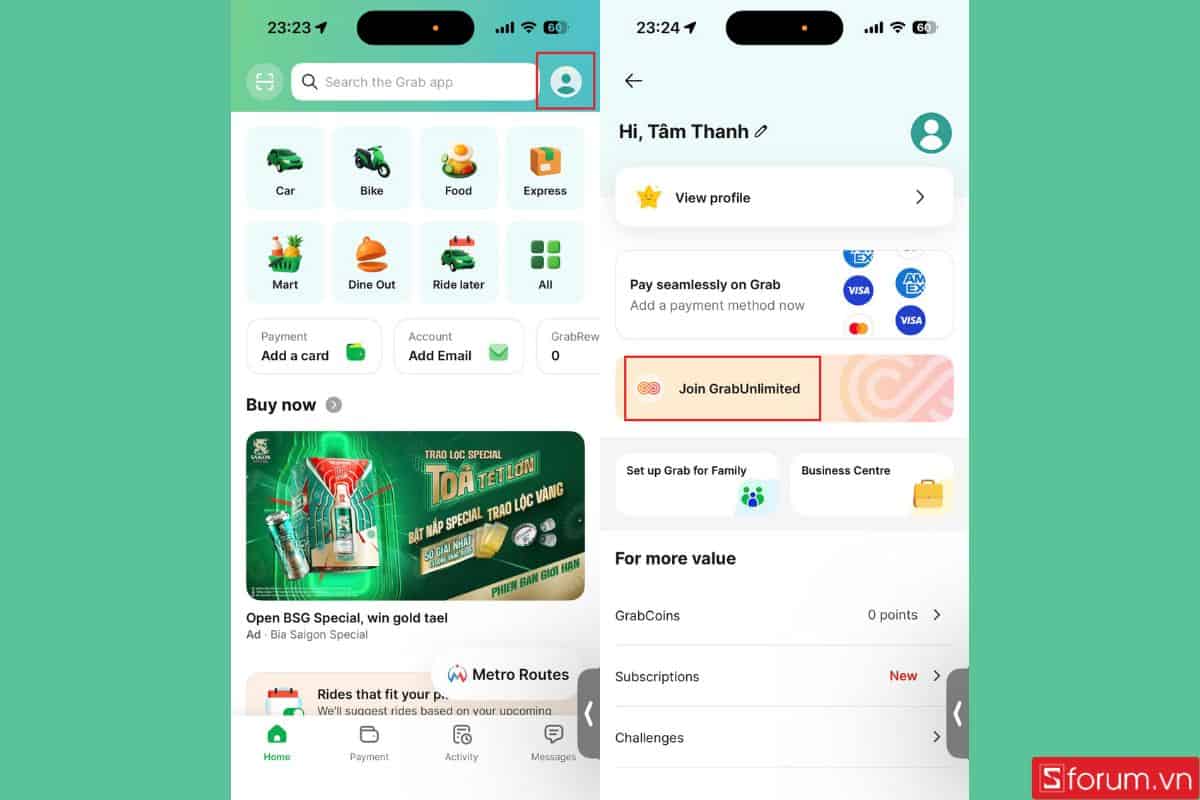 Truy cập mục Grab Unlimited