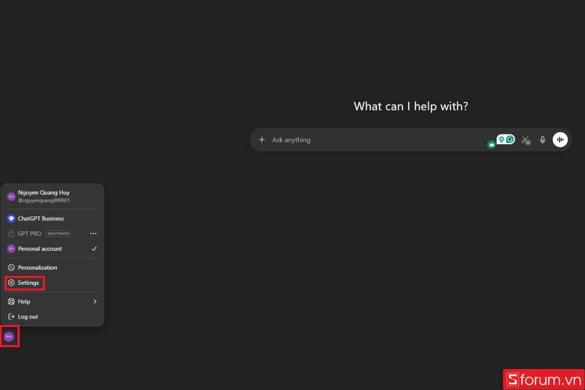 Mở bảng cài đặt