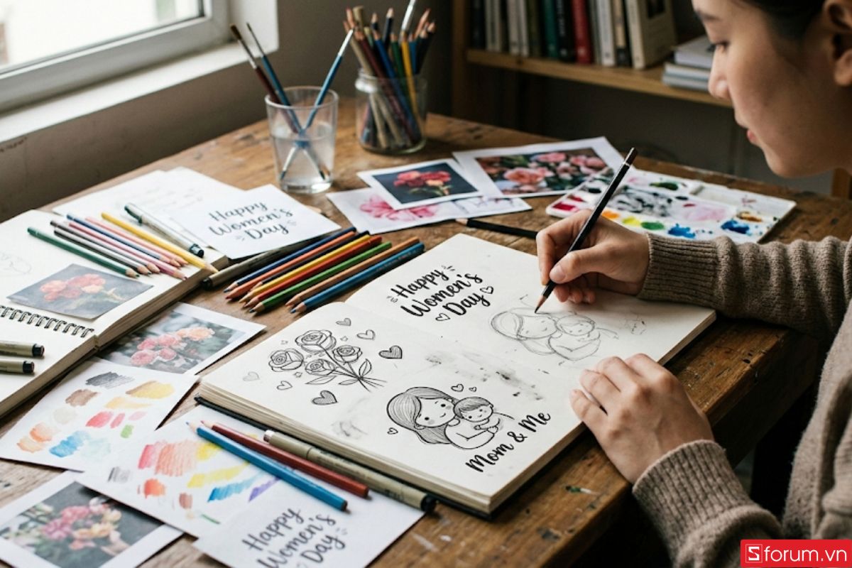 Lên ý tưởng và phác thảo hình vẽ sticker 8/3