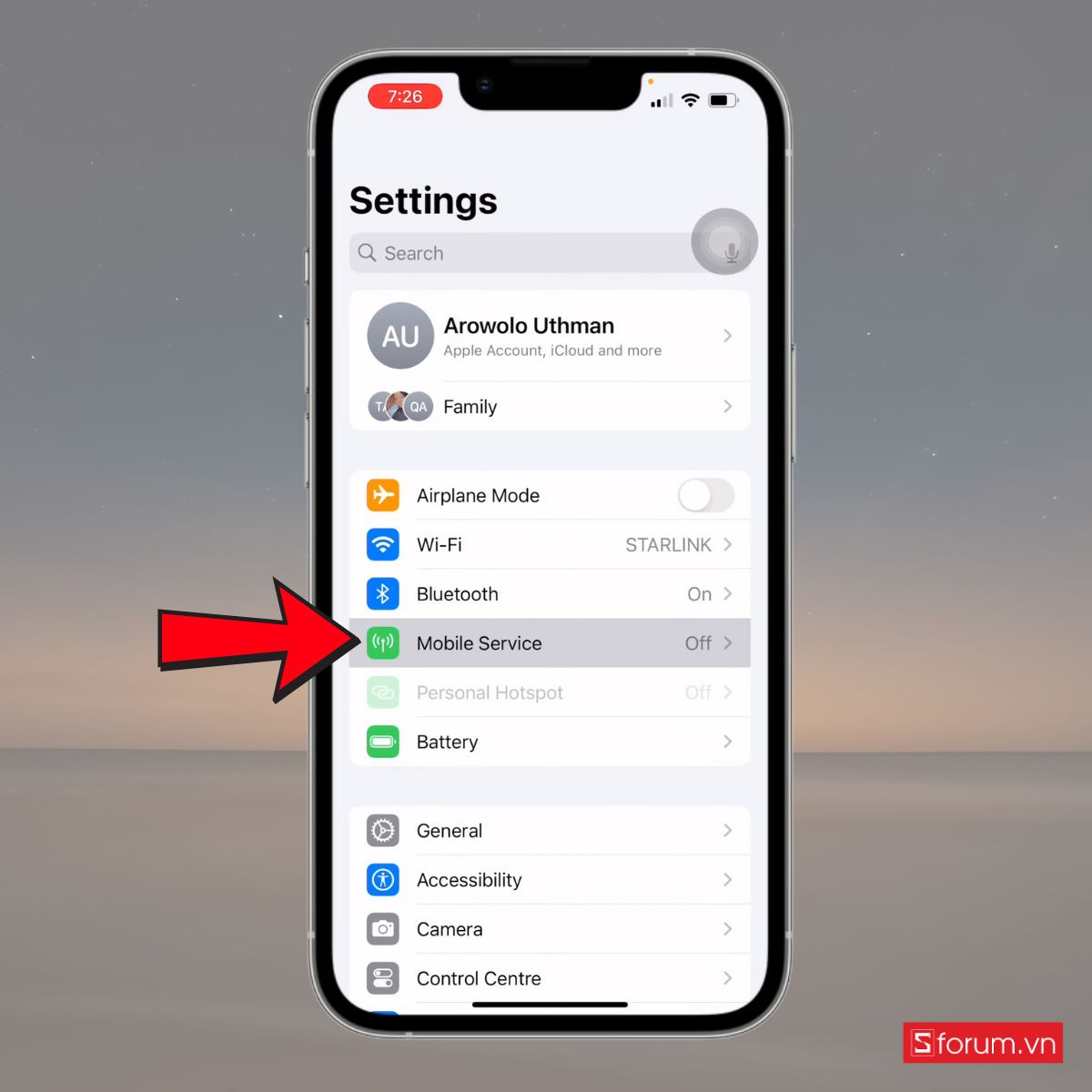 Truy cập vào mục Dịch vụ di động trong phần Cài đặt