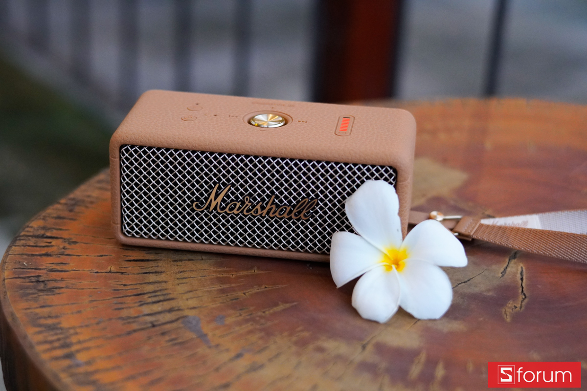 Marshall Emberton III màu Nâu cạnh hoa sứ trên bàn gỗ