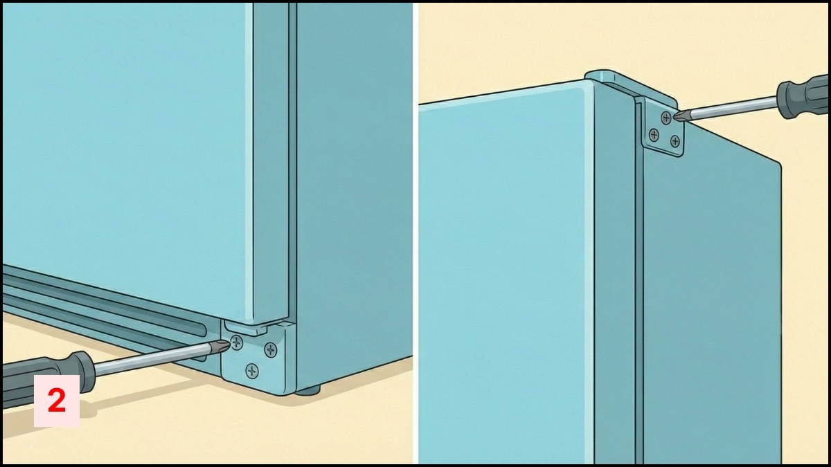 cách khắc phục cửa tủ lạnh bị hở nên dùng tua vít vặn bản lề