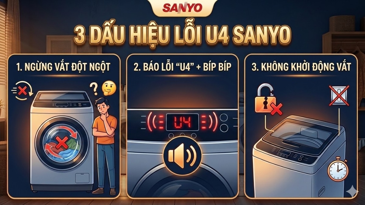 Dấu hiệu nhận biết lỗi u4 máy giặt sanyo