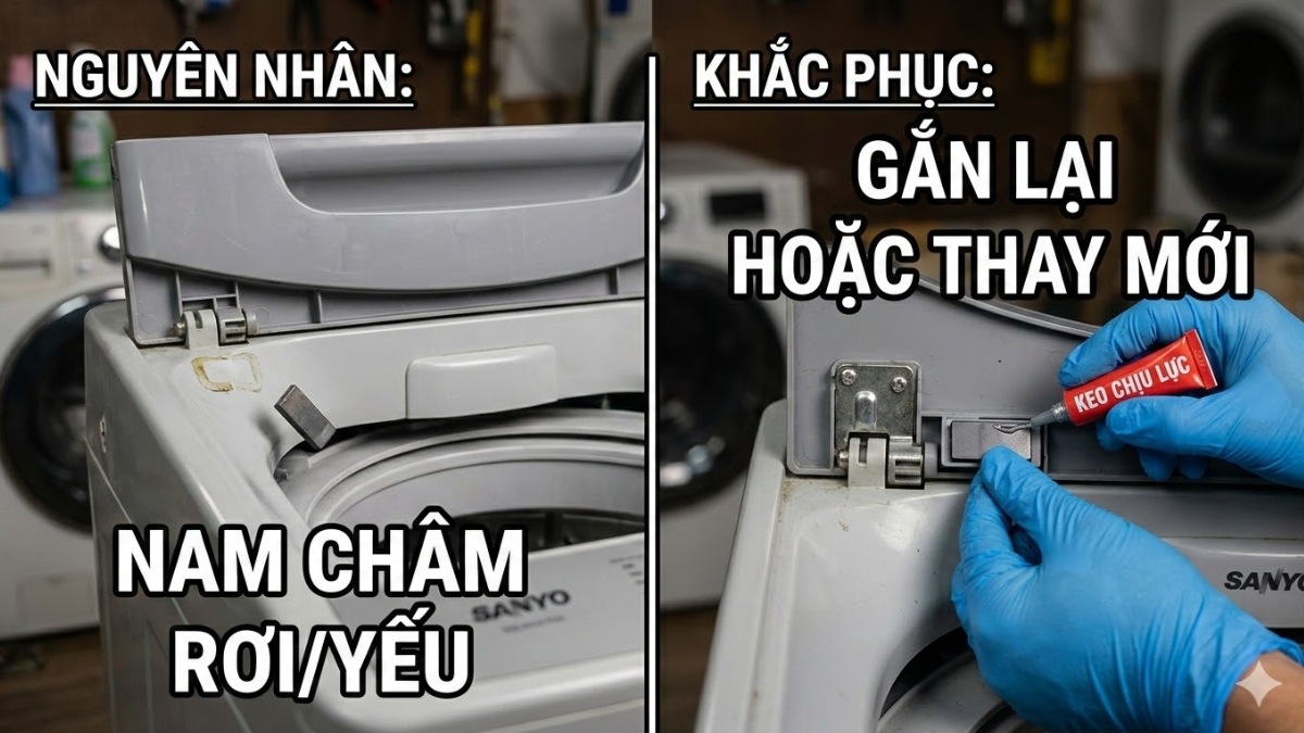 lỗi u4 máy giặt sanyo do năm châm trên nắp máy bị rơi