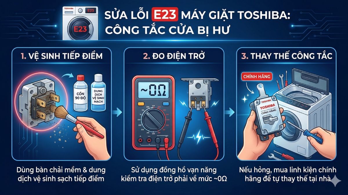 mã lỗi máy giặt toshiba e2 3 do công tắc cửa bị hư