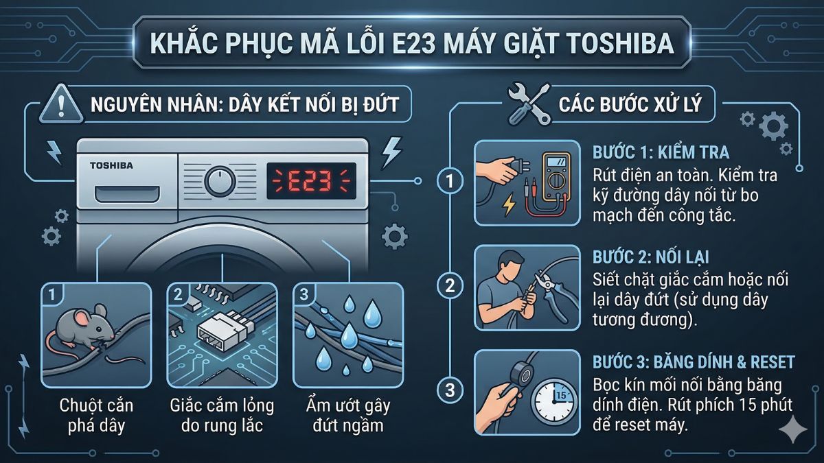 mã lỗi máy giặt toshiba e2 3 do dây kết nối bo mạch bị đứt