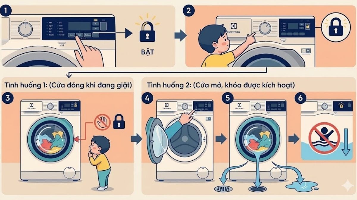 Nguyên lý hoạt động của mở khóa trẻ em máy giặt electrolux