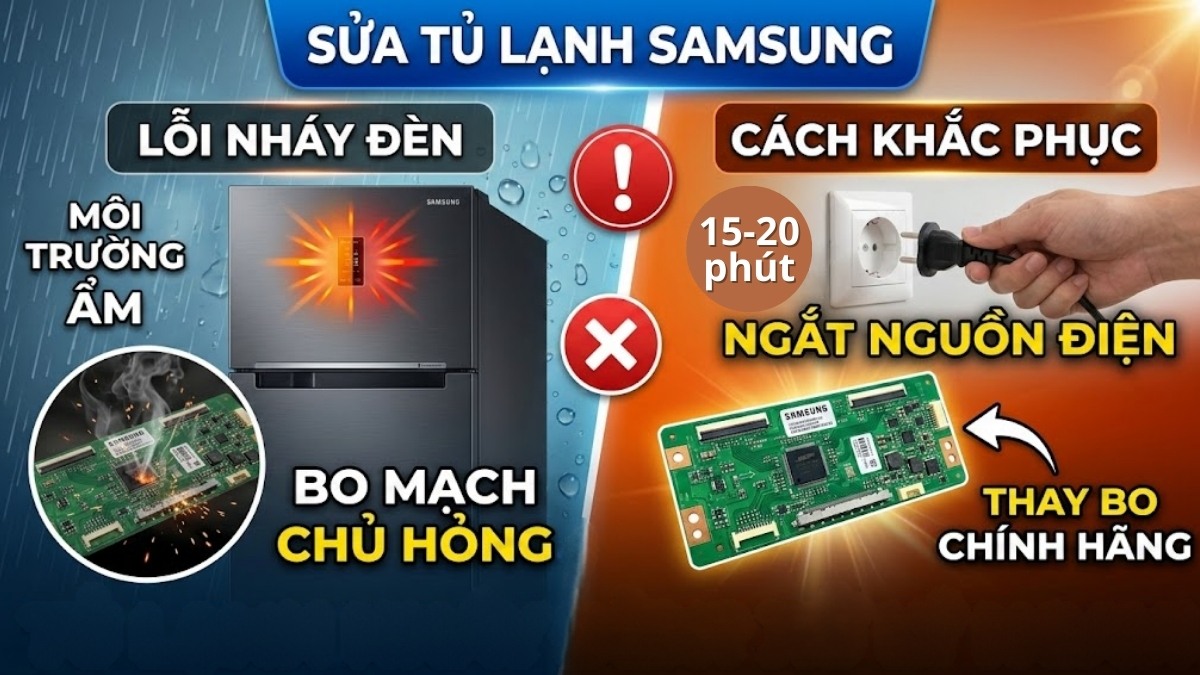tủ lạnh samsung inverter báo lỗi nháy đèn do bo mạch điều khiển bị lỗi