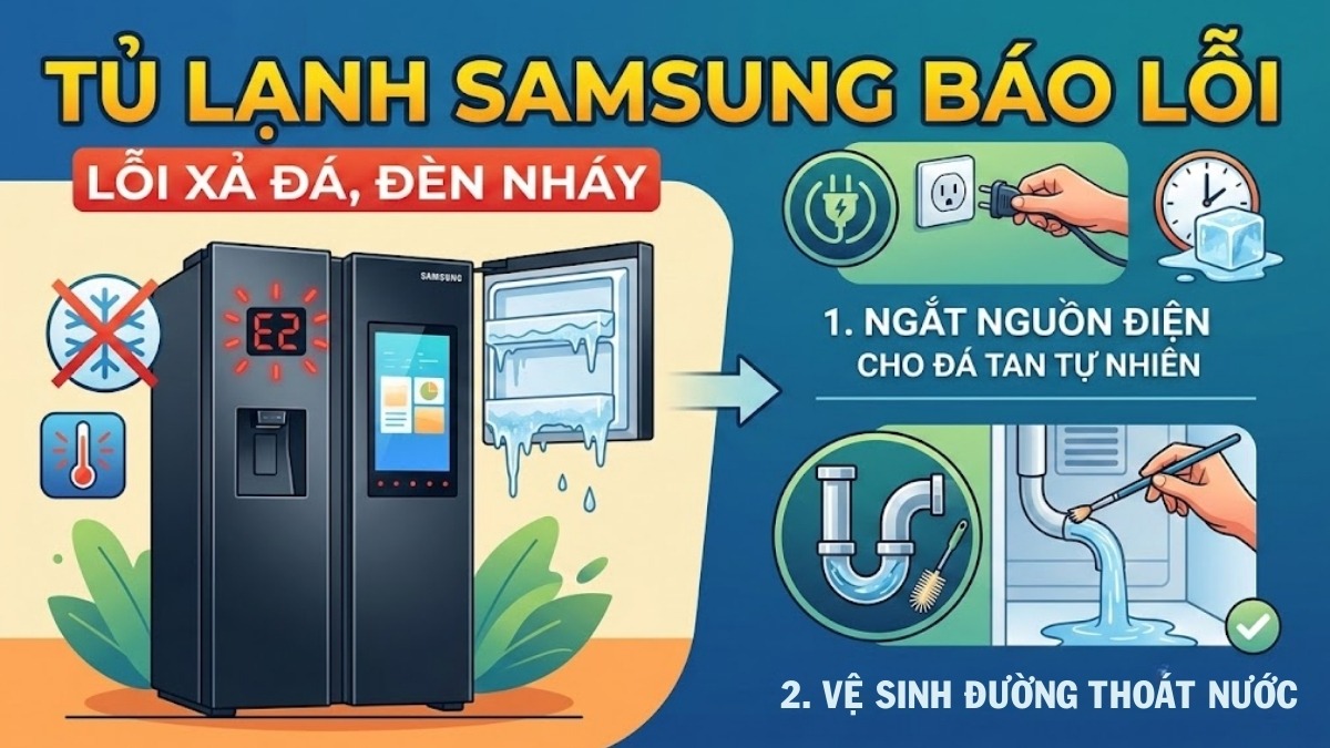 tủ lạnh samsung inverter báo lỗi nháy đèn do hệ thống xả đá gặp sự cố