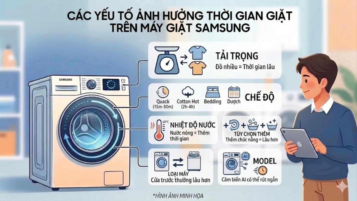 Các yếu tố ảnh hưởng đến thời gian giặt của máy giặt Samsung