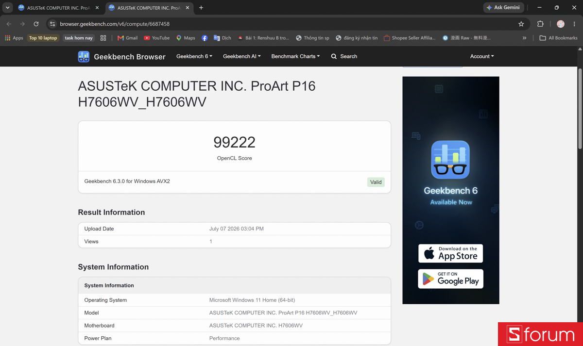 Geekbench 6 trên ASUS ProArt P16