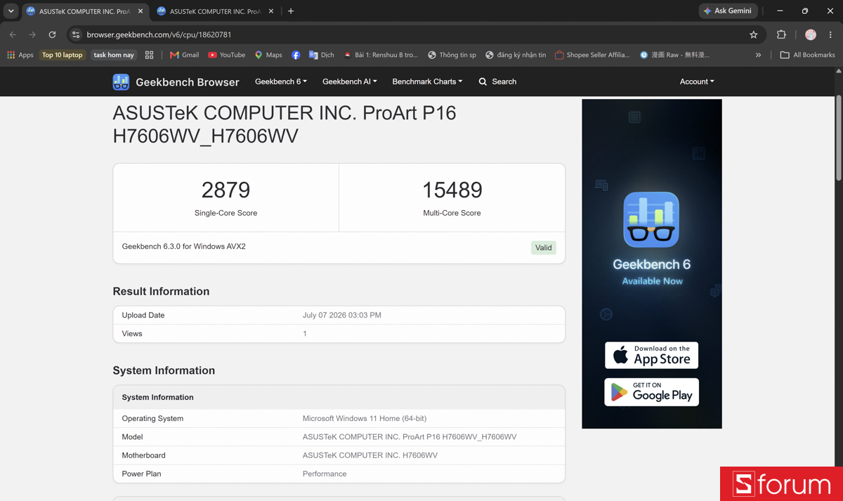 Geekbench 6 trên ASUS ProArt P16