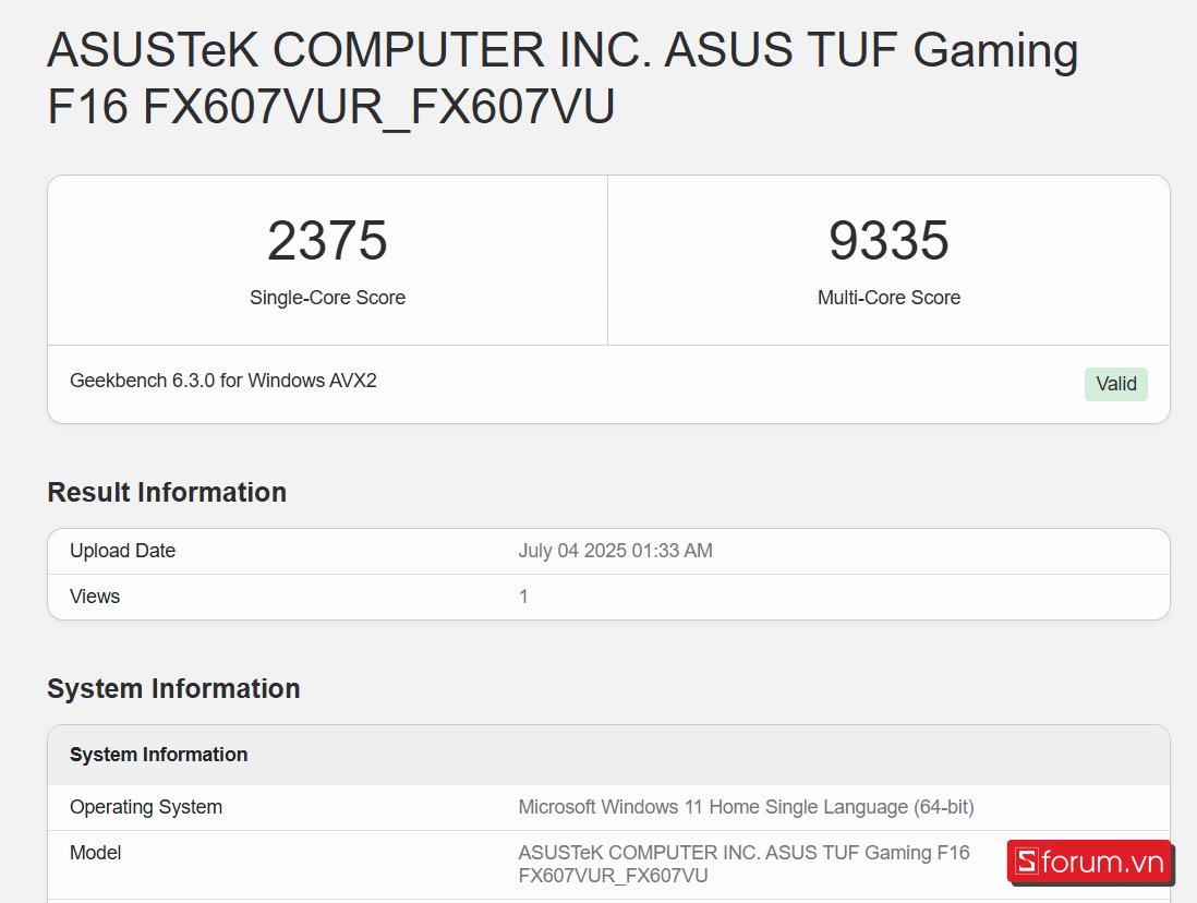 Geekbench 6 ASUS TUF Gaming F16