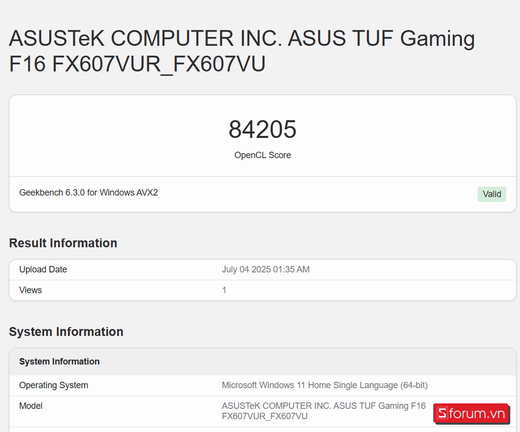 Geekbench 6 ASUS TUF Gaming F16