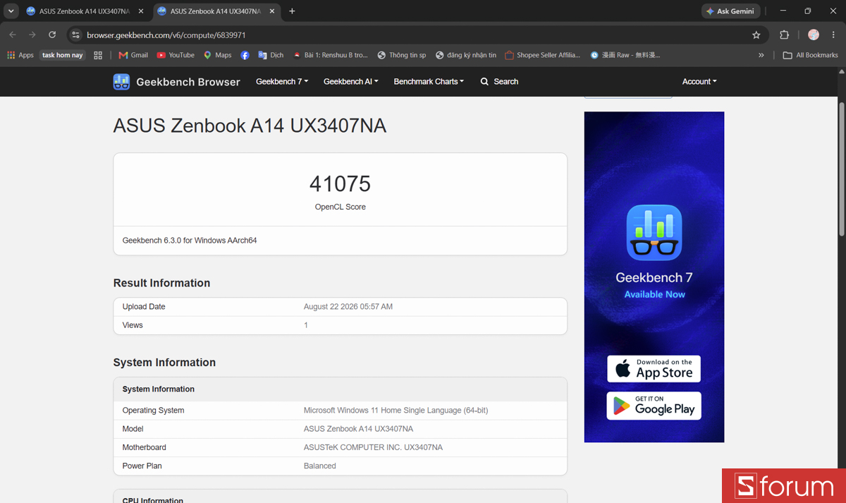 Geekbench 6 trên ASUS ZenBook A14 UX3407NA