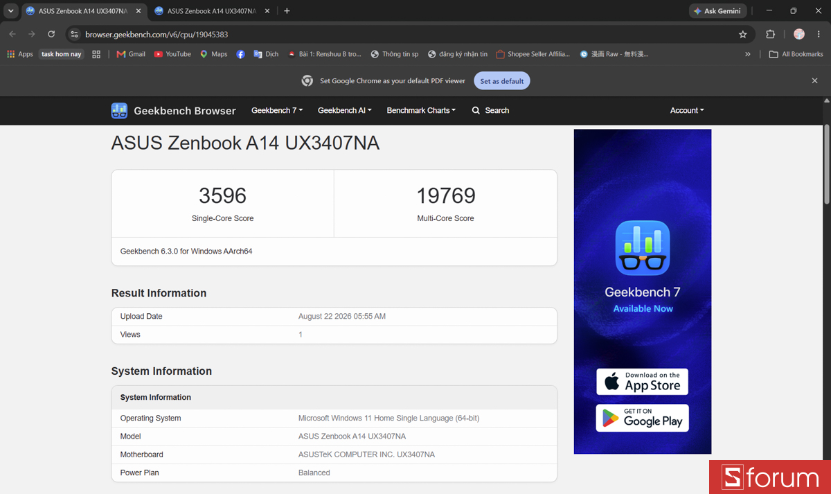 Geekbench 6 trên ASUS ZenBook A14 UX3407NA