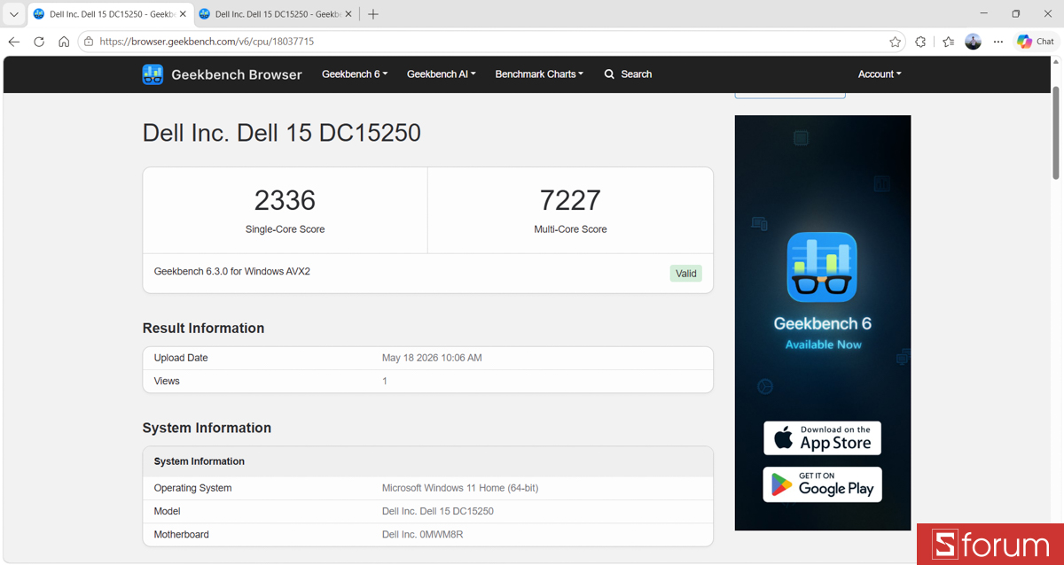 Geekbench 6 trên Dell 15 DC15250