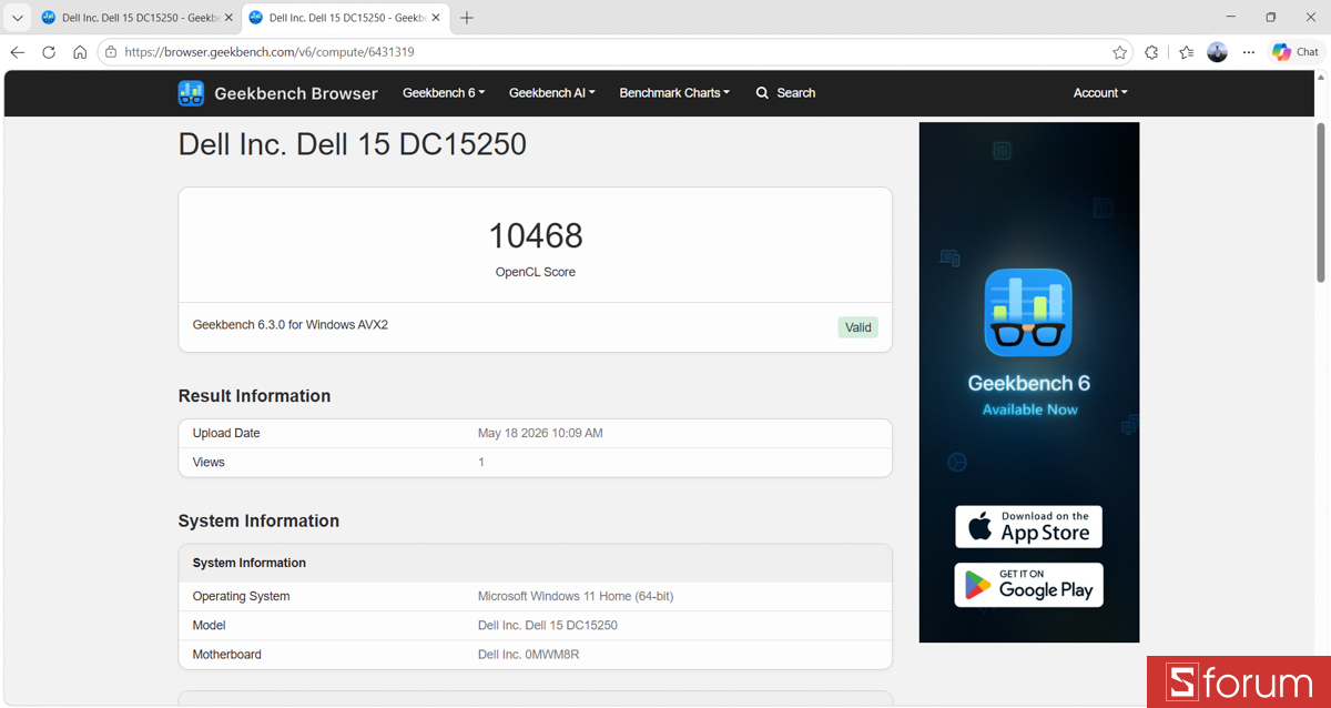 Geekbench 6 trên Dell 15 DC15250