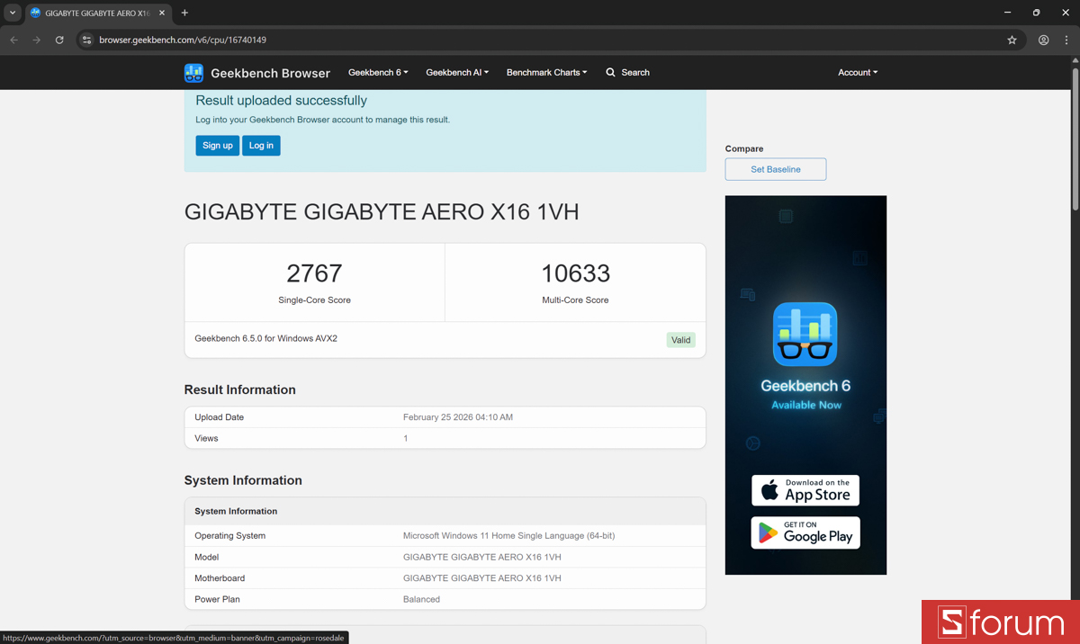 Geekbench 6 trên Gigabyte Aero X16